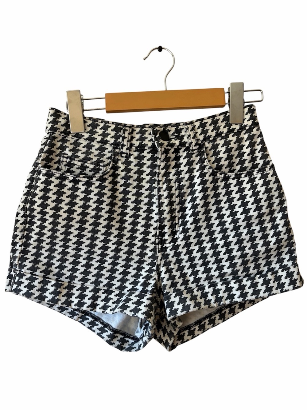 American Apparel Black White Houndstooth High Rise Denim Mini Shorts Retro Y2K